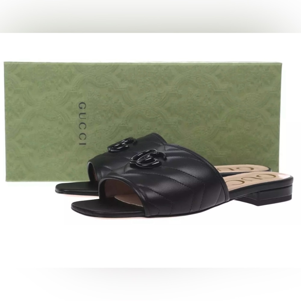 NEW GUCCI DOUBLE G BLACK CHEVRON MATELASSE LEATHER SLIDE SANDALS SHOES 36/US 6 - Picture 4 of 5